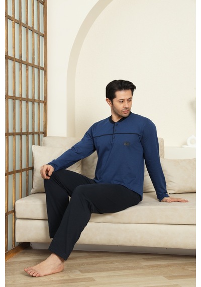 Enisena Erkek %100 Pamuklu Pijama Takımı-robalı Ve 3 Düğmeli-12489 İndigo
