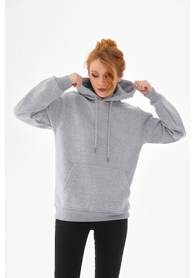 Everest Everst Kapüşonlu 3 İplik Şardonlu Kanguru Cepli Sweatshirt Gri