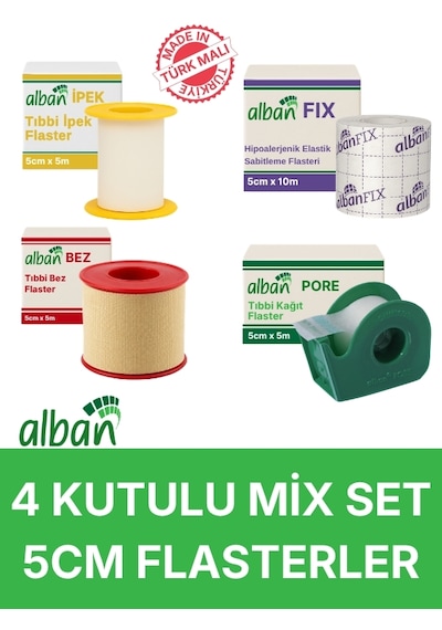 4 Kutulu Mix Flaster Seti İpek, Bez, Kağıt Pore 5cmx5m Ve Fix Elastik Sabitleme Flaster 5cmx10m