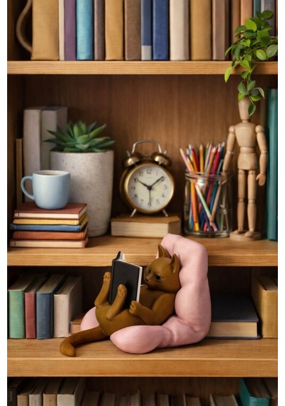 Kitap Okuyan Kedi Objesi Masaüstü Dekoru Ev Dekorasyonu Hediye Alternatifi