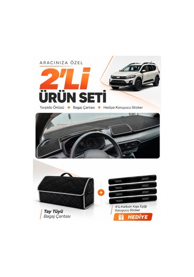 Dacia Jogger Ekransız 2022-2026 Uyumlu Torpido Örtüsü + Tay Tüyü Bagaj Çantası Seti - Siyah Gri