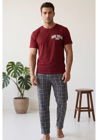 Siyah İnci Desenli Baskılı Örme Kısa Kollu Pijama Takım 8004 Bordo