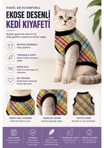 Renkli Ekose Kedi Kıyafeti Rahat Kalıp Günlük Kullanım Kedi Tişörtü