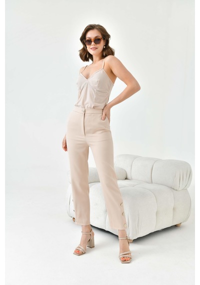 Ftz Women Kadın Dar Paça Düğmeli Pantolon Beige 30779-Beige Bej