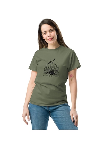 Wildstyle Wander More Gezgin Dağ Kamp Çadır Doğa Baskılı Unisex Pamuklu Tişört Haki