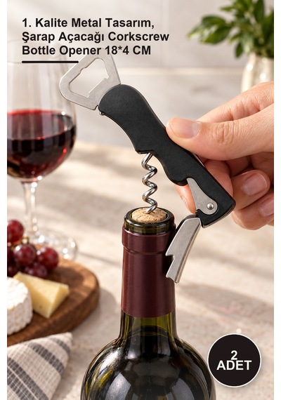 2 Adet Paslanmaz Çelik Tirbuşon Şişe Açacağı 1. Kalite Metal Tasarım, Şarap Açacağı Corkscrew Bottle Opener 18 4 Cm