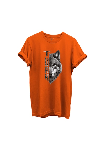 Yarı Kurt Yarısı Türk Yazı Tasarım Baskılı %100 Pamuk T-shirt Turuncu