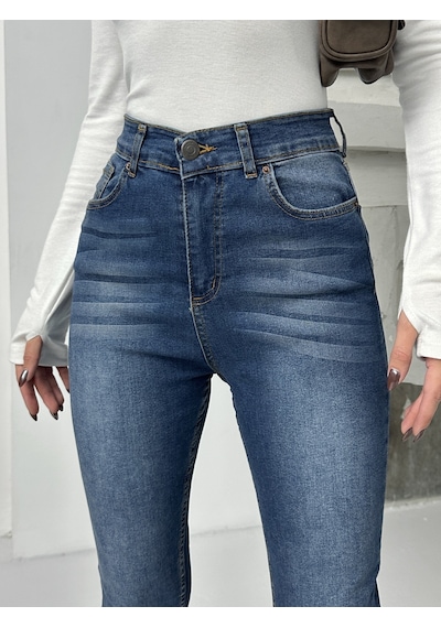 Kadın Bıyık İşlemli Kot Dar Paça Jeans Mavi