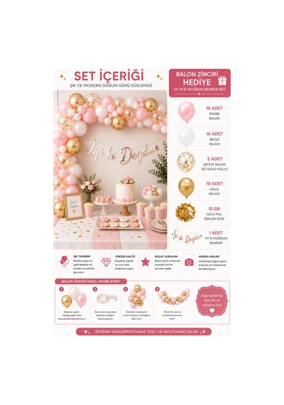 Happy Bırthday Yazı Gümüş Konfetili 35 Adet Pembe Beyaz Gold Balon Parti Doğum Günü Seti Çok Renkli
