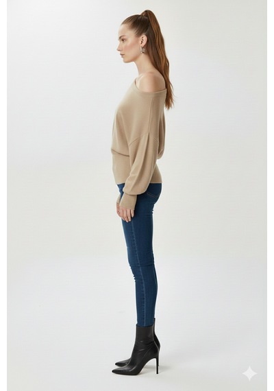 Fiolin Omuzu Açık Off Shoulder Triko Kazak Bej