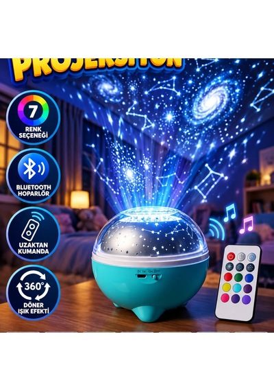 Bluetooth Hoparlörlü Yıldız Ve Galaksi Projeksiyon Gece Lambası 7 Renk, Uzaktan Kumanda Ve Döner I Renkli