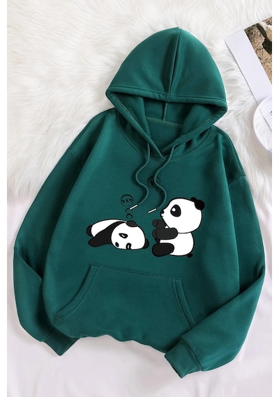 Unisex Panda Baskılı Oversize Sweatshirt Yeşil
