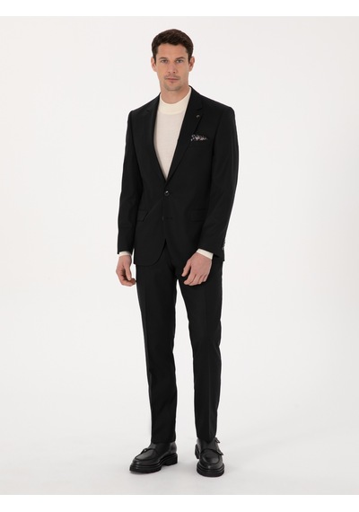 Cacharel Siyah Slim Fit Yün Karışımlı Mikro Desenli Klasik Ceket