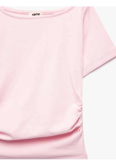 Koton Drape Detaylı Yuvarlak Kayık Yaka Kısa Kollu Modal Tişört Pembe 6skg10455ak Gül