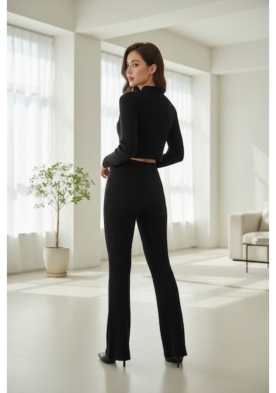 Angbutik Kadın Siyah Fitilli Eşofman Takımı Crop Uzun Kollu Üst & Paça Pantolon, Şık Günlük Set