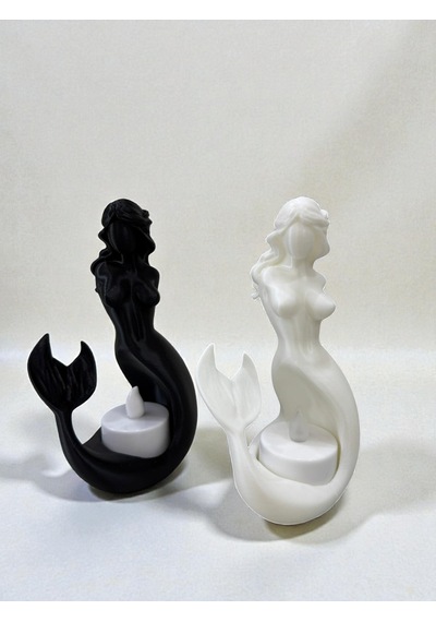 Deniz Kızı Tealight Mumluk 2 Li Siyah Beyaz Dekoratif Figür Ev Ofis Masaüstü Aksesuarı