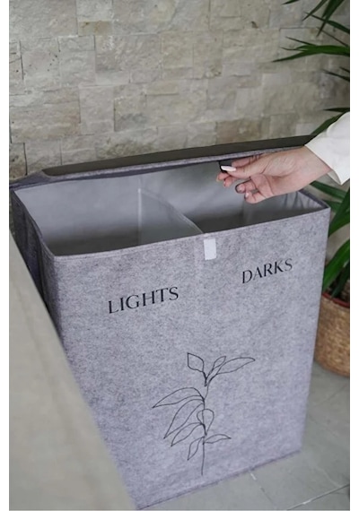 2 Gözlü Kompakt Kapaklı Derili Çamaşır Sepeti -katlanabilir Dayanıklı 100lt 53 X 33 X 60 Cm Gri-beyaz