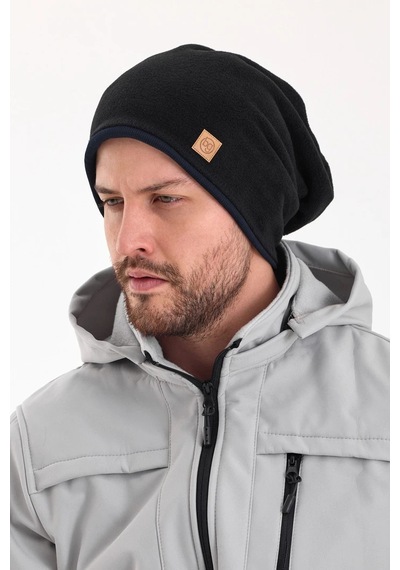 Butikgiz Erkek Siyah Polar Dış, Kahve Pamuklu Iç Kısım, Çift Renk Çift Katmanlı Katlanabilir Yumuşak Bere - Standart / Siyah-lacivert Siyah-lacivert