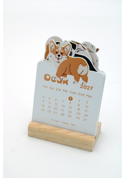 Ahşap Standlı Özel Kesim Neşeli Corgi Tasarımlı 2027 Masaüstü Takvimi 8,5x12 Cm - Sevimli Yeni Yıl Hediyesi Çok Renkli