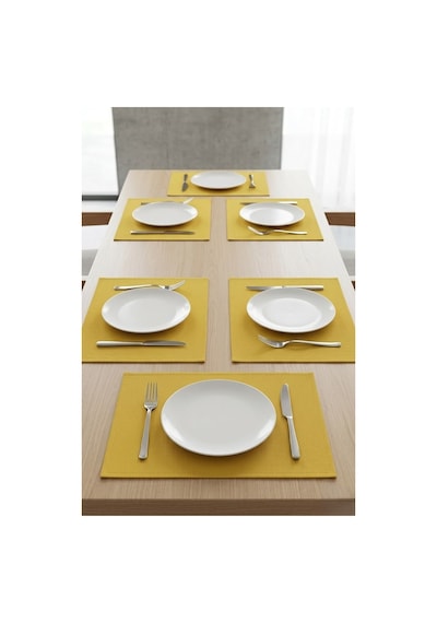 Yemek Masası Amerikan Servis 6'lı Set Hardal Sarısı Keten Dokulu Dikdörtgen Tabak Altlığı Sarı