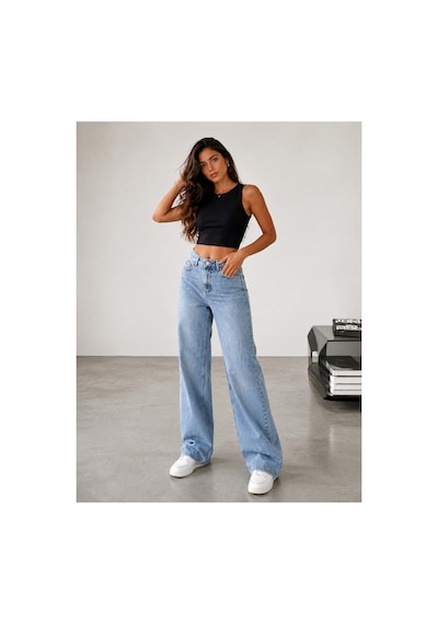 Kene Jeans Buz Kar İşlemli Yüksek Bel Arka Cep Kurdele Detaylı Kot/denim Pantolon Buz Kar