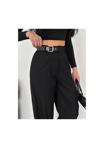 Gugus Kadın Beli Tokalı/kemer Detaylı Bol Paça Kumaş Pantolon Siyah