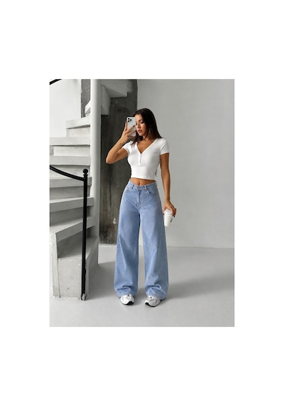 Bluemarlin Buz Kar Yüksek Bel Likralı Boyfriend Bol Paça Kot Pantolon Buz Kar