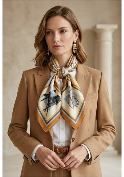Horse İcons Scarf Desen 90x90cm Eşarp/fular Kahverengi-taba