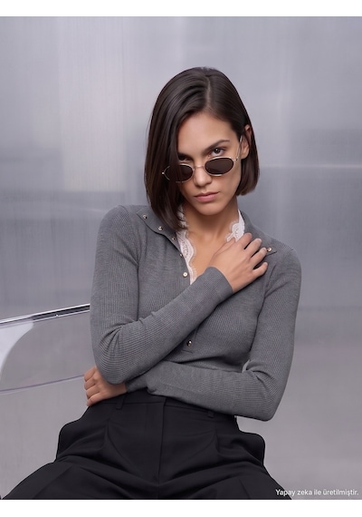 Dilvin 10686 Dik Yaka Çıtçıtlı Triko Kazak-füme