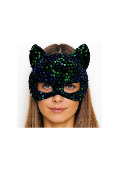 Siyah Kadife Kumaş Üzerine Mavi Yeşil Payetli Pullu Parti Maskesi 16x14 Cm - Parti Gözlüğü & Maske 0 - 99
