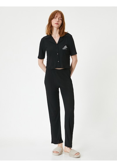 Koton Düğmeli Pijama Takımı Kısa Kollu Nakışlı Siyah 4slk40143mk Siyah