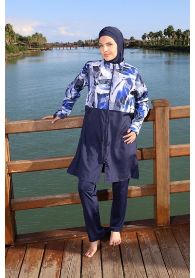 Estiva 26977 Lacivert Blue Motion Tam Kapalı Croplu Pantolonlu Tesettür Mayo