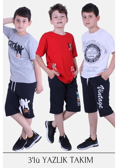 Fyk Kids 3'lü Nuk Dg Zoone Vintage Yazı Detaylı Erkek Çocuk Yazlık Takım Çok Renkli