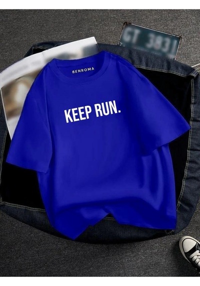 Oversıze Keep Run Baskılı Unısex Tisort Baskılı Saks Mavisi