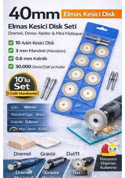 Senbang 40 Mm Elmas Kesici Disk Seti Mini Matkap & Dremel Uyumlu Cam Seramik Metal Kesme 10 Lu Set