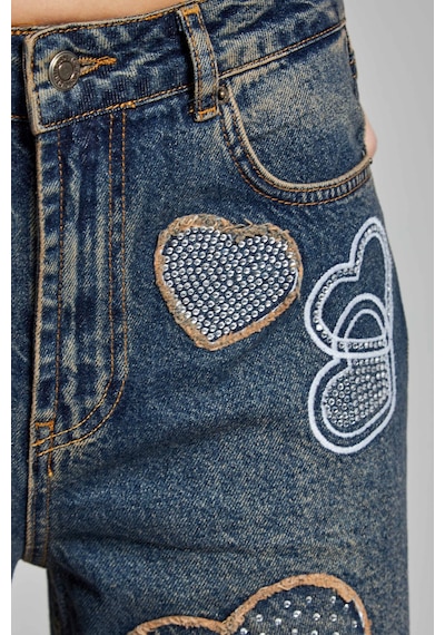 it's basic Kadın Kot Rengi Parlak Taşlı Kalp Detaylı Bol Kesim Tasarım Denim Jean Mavi