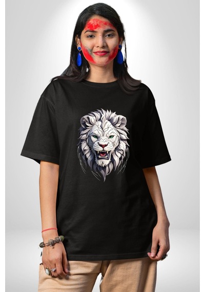 Beyaz Kaplan Kükreme Pamuklu Bisiklet Yaka Unisex Oversize Boyfriend Dijital Baskılı Siyah T-shirt Siyah