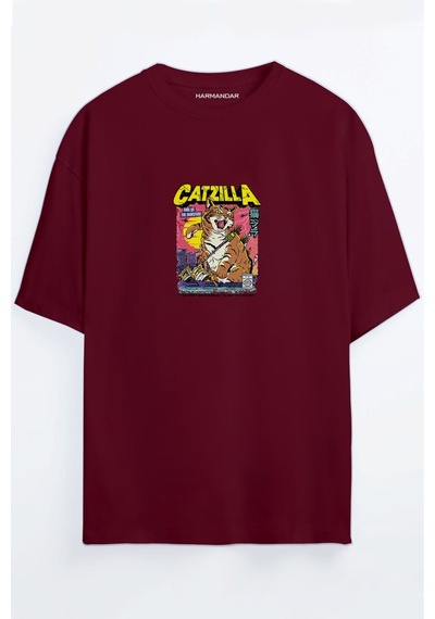 Retro Catzilla Baskılı Unisex Siyah Oversize T-shirt Bordo