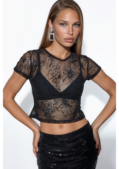 Hiccup Busem Çiçek Desenli Payetli Slim Fit Bluz Siyah