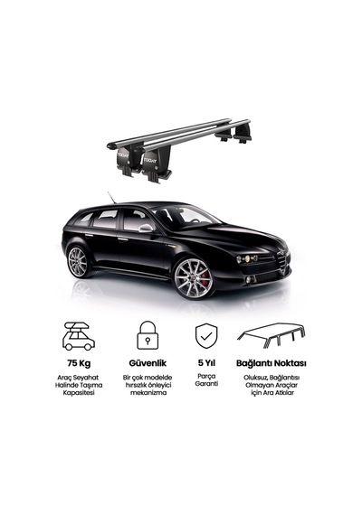 Royal Alfa Romeo 159 2006-2013 Uyumlu Gri Kilitli Ara Atkı Port Bagaj Tavan Barı