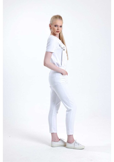 Kene Jeans Bahçevan Askılı Beyaz Tam Kalıp Mom Kot Tulum Beyaz