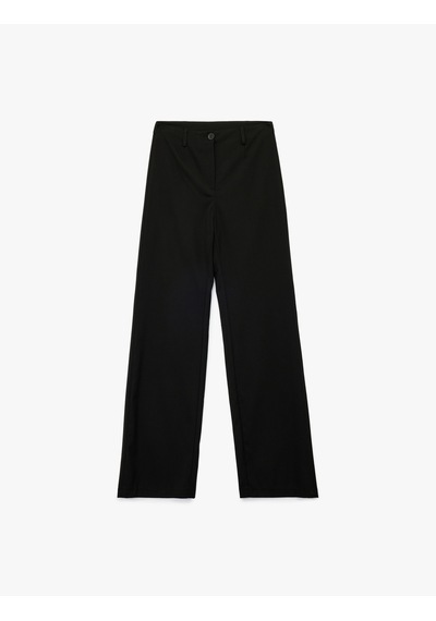 Koton Düğmeli Cepli Straight Fit Düz Bol Paça Kumaş Pantolon Siyah 6wak40032pw