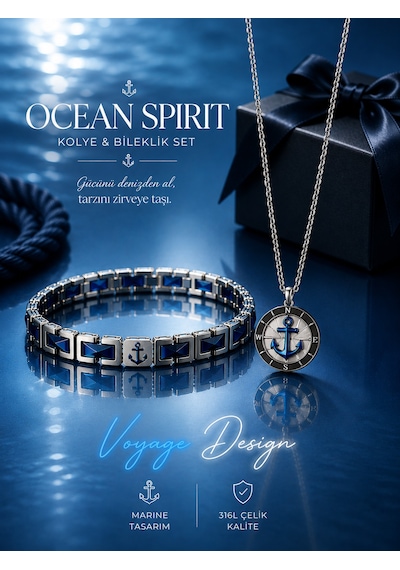 Paslanmaz Çelik Mavi Ocean Spirit Deniz Çapa Kolye Bileklik Seti Gümüş - Mavi