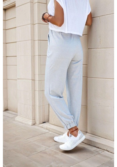 Gri Yüksek Bel, Paçası Lastikli, Spor Jogger Pantolon Gri