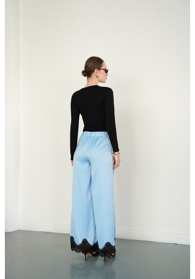 Verymoda Paçası Dantelli Saten Pantolon D2969 Mavi