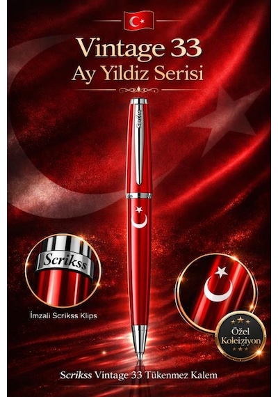 Scrikss Vintage 33 Tükenmez Kalem Kırmızı Ay Yıldız Baskılı Kırmızı