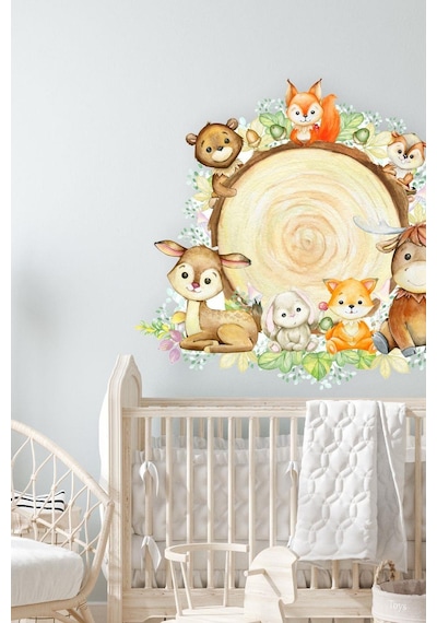 MSticker Kütükte Sevimli Hayvanlar Çocuk Bebek Odası Duvar Sticker 60x70cm