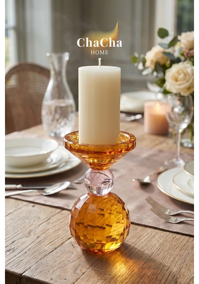 Chacha Home Crsyball Renkli Kristal Mumluk - Dekoratif Cam Şamdan- Küçük Boy - 15x25 Cm Turuncu