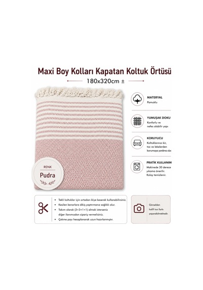 Pamuklu Kaymaz Hasır Dokuma Maxi Boy Kolları Örten Koltuk Örtüsü 180x310 - Pudra