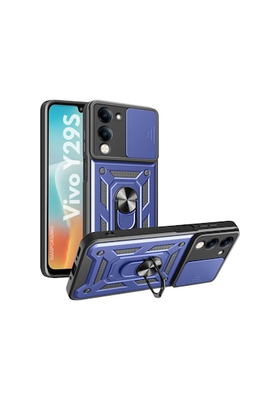Vivo Y29s Uyumlu Tank Kılıf - Yüzüklü Standlı Extra Darbe Koruma Zırhlı Outdoor Kapak Lacivert